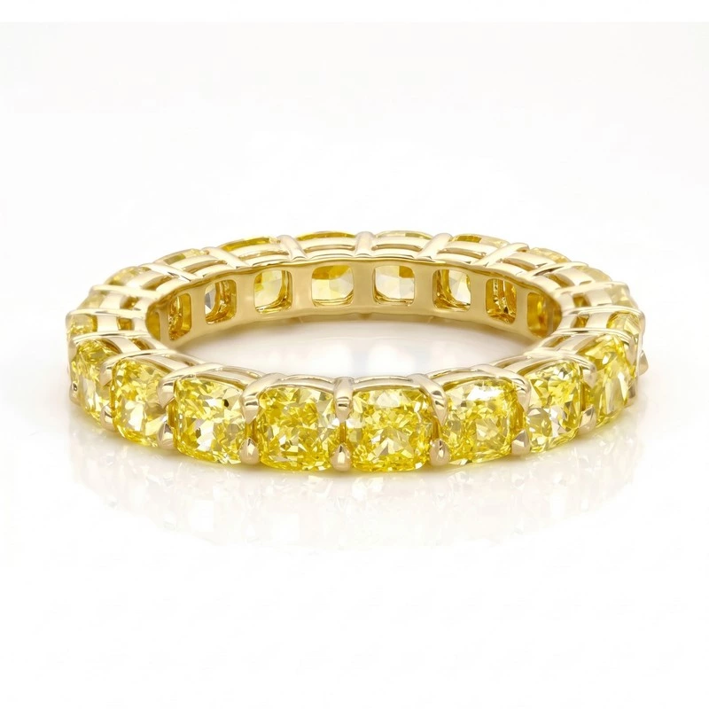Opulent Cushion Cut Fancy Yellow Lab Diamond Full Eternity Gold Band Ring